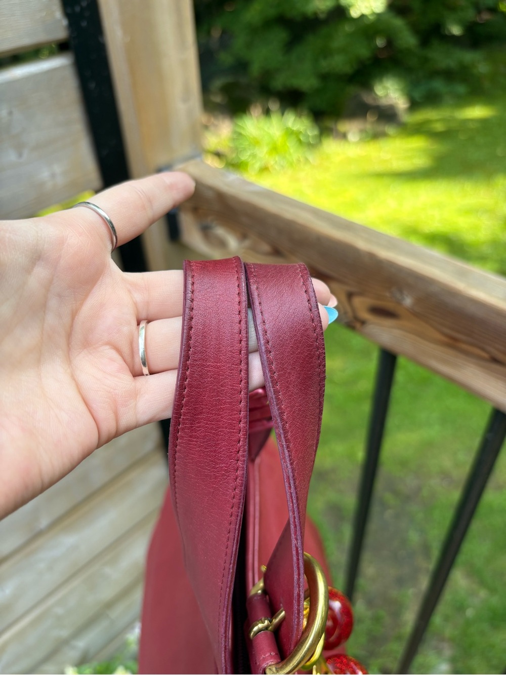 Coach Burgundy Leather Mini Tote with Gold Cherry Charm & Pink Flower Clip - Picture 3 of 6